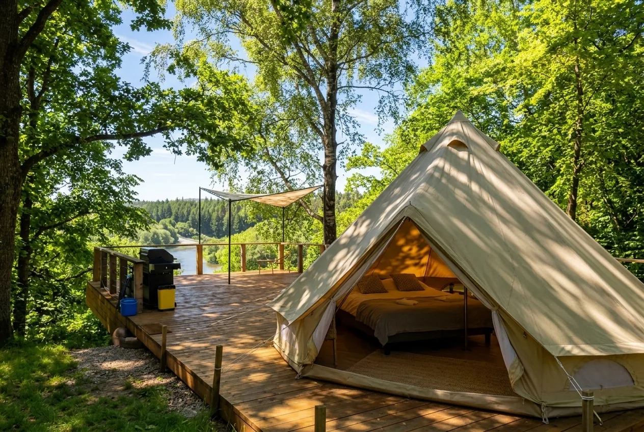 Glampingas, palapine su terasa Žvaigždžių slėnyje su vaizdu i upe